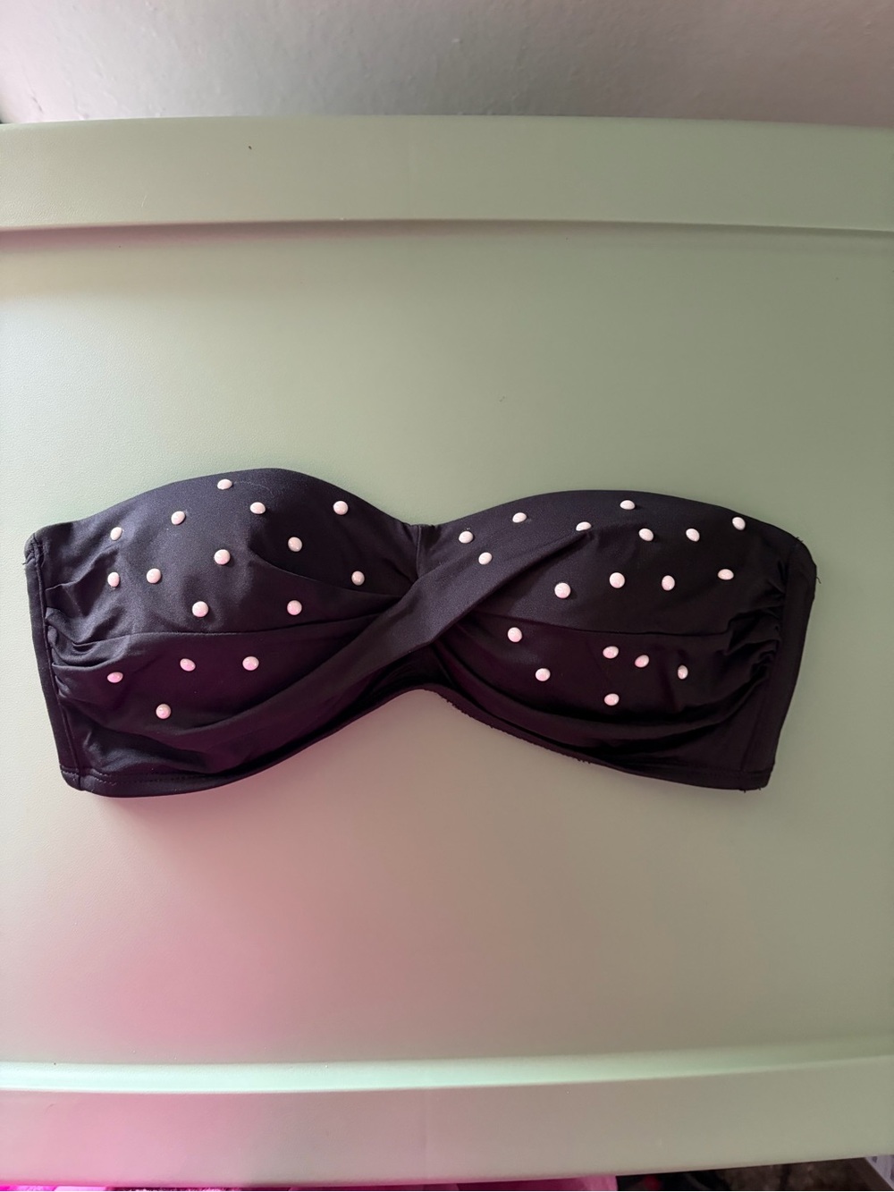 Kona Sol Black Polka Dot Studded Bandeau Bikini Top Twist Front Strapless Swim S